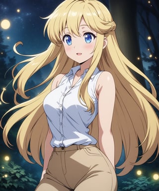 beautiful sexy blonde anime girl with long blonde hair & blue eyes, wearing white sleeveless button up collared shirt & beige khaki pants, in a enchanted forest in a dark night sky, 1girl