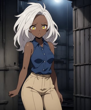 Brown skin beautiful sexy anime girl with long silver hair & yellow eyes, wearing blue sleeveless button up collared shirt & beige khaki pants, inside of a abandoned biomechanical prison in a dark night sky, 1girl, dystopian