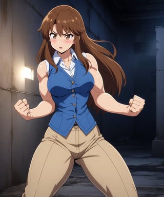  beautiful sexy anime girl with long brown hair & a muscular body, clenching her fists, fight idle pose, wearing white sleeveless button up collared shirt with a blue vest over it & beige khaki pants, in a abandoned urban construction site at night time, 1girl