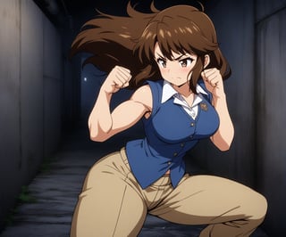 beautiful sexy anime girl with long brown hair & a muscular body, clenching her fists, fight idle pose, wearing white sleeveless button up collared shirt with a blue vest over it & beige khaki pants, in a abandoned urban dark alley in a dark night sky, 1girl
