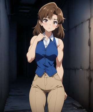 beautiful sexy anime girl with long brown hair & a muscular body, wearing white sleeveless button up collared shirt with a blue vest over it & beige khaki pants, in a abandoned urban dark alley in a dark night sky, 1girl