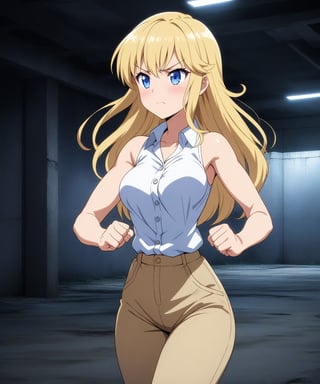 beautiful sexy blonde anime girl with long blonde hair & blue eyes, clenching her fists, fight idle pose, wearing white sleeveless button up collared shirt & beige khaki pants, inside of a abandoned parking garage at night time, 1girl