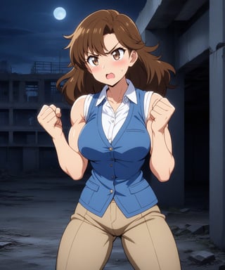  beautiful sexy anime girl with long brown hair & a muscular body, clenching her fists, fight idle pose, wearing white sleeveless button up collared shirt with a blue vest over it & beige khaki pants, in a abandoned urban construction site at night time, 1girl