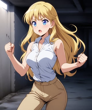 beautiful sexy blonde anime girl with long blonde hair & blue eyes, clenching her fists, fight idle pose, wearing white sleeveless button up collared shirt & beige khaki pants, inside of a abandoned parking garage at night time, 1girl