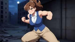  beautiful sexy anime girl with long brown hair & a muscular body, clenching her fists, fight idle pose, wearing white sleeveless button up collared shirt with a blue vest over it & beige khaki pants, in a abandoned urban construction site at night time, 1girl