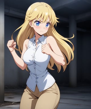 beautiful sexy blonde anime girl with long blonde hair & blue eyes, clenching her fists, fight idle pose, wearing white sleeveless button up collared shirt & beige khaki pants, inside of a abandoned parking garage at night time, 1girl