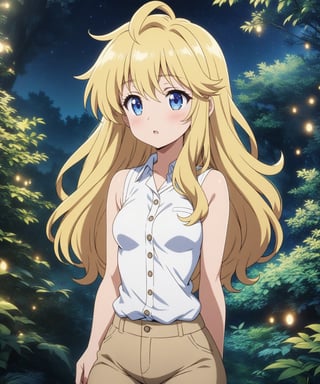 beautiful sexy blonde anime girl with long blonde hair & blue eyes, wearing white sleeveless button up collared shirt & beige khaki pants, in a enchanted forest in a dark night sky, 1girl