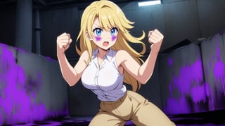 beautiful sexy blonde anime girl with long blonde hair & blue eyes, clenching her fists, fight idle pose, wearing white sleeveless button up collared shirt & beige khaki pants, covered in purple blood, abandoned parking garage covered in purple blood at night time, 1girl