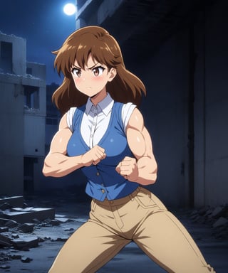  beautiful sexy anime girl with long brown hair & a muscular body, clenching her fists, fight idle pose, wearing white sleeveless button up collared shirt with a blue vest over it & beige khaki pants, in a abandoned urban construction site at night time, 1girl