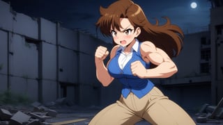  beautiful sexy anime girl with long brown hair & a muscular body, clenching her fists, fight idle pose, wearing white sleeveless button up collared shirt with a blue vest over it & beige khaki pants, in a abandoned urban construction site at night time, 1girl