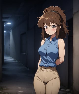 beautiful sexy anime girl with long brown hair & a muscular body, wearing white sleeveless button up collared shirt with a blue vest over it & beige khaki pants, in a abandoned urban dark alley in a dark night sky, 1girl