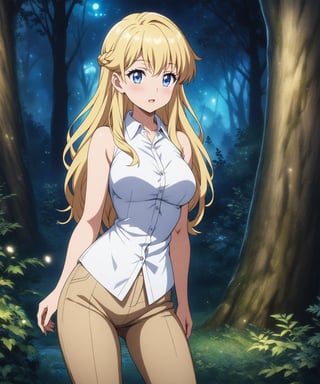 beautiful sexy blonde anime girl with long blonde hair & blue eyes, wearing white sleeveless button up collared shirt & beige khaki pants, in a enchanted forest in a dark night sky, 1girl