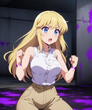 beautiful sexy blonde anime girl with long blonde hair & blue eyes, clenching her fists, fight idle pose, wearing white sleeveless button up collared shirt & beige khaki pants, covered in purple blood, abandoned parking garage covered in purple blood at night time, 1girl