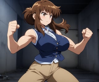 beautiful sexy anime girl with long brown hair & a muscular body, clenching her fists, fight idle pose, wearing white sleeveless button up collared shirt with a blue vest over it & beige khaki pants, in a abandoned urban dark alley in a dark night sky, 1girl
