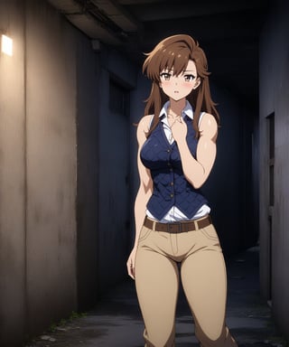 beautiful sexy anime girl with long brown hair & having a muscular body, wearing white sleeveless button up collared shirt with a blue quilted vest over it & beige khaki pants, in a abandoned urban dark alley in a dark night sky, 1girl