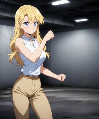 beautiful sexy blonde anime girl with long blonde hair & blue eyes, clenching her fists, fight idle pose, wearing white sleeveless button up collared shirt & beige khaki pants, inside of a abandoned parking garage at night time, 1girl