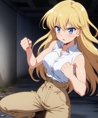 beautiful sexy blonde anime girl with long blonde hair & blue eyes, clenching her fists, fight idle pose, wearing white sleeveless button up collared shirt & beige khaki pants, inside of a abandoned parking garage at night time, 1girl