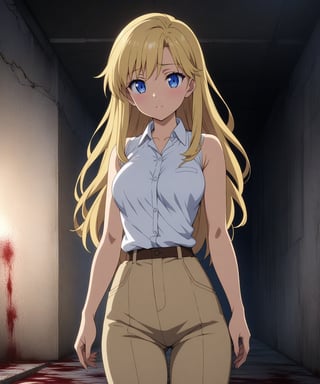 beautiful sexy blonde anime girl with long blonde hair & blue eyes, wearing white sleeveless button up collared shirt & beige khaki pants, inside of a abandoned parking garage walls covered blood at night time, 1girl