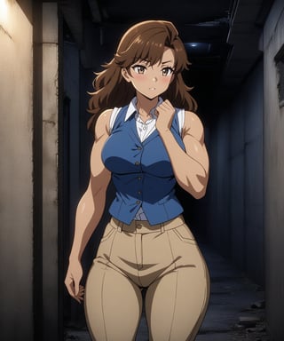 beautiful sexy anime girl with long brown hair & a muscular body, wearing white sleeveless button up collared shirt with a blue vest over it & beige khaki pants, in a abandoned urban dark alley in a dark night sky, 1girl