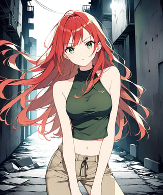 sexy redhead teenage anime girl with long red hair and green eyes, serious facial expression, wearing a dark green sleeveless crop top & beige khaki pants, in a abandoned urban dark alley in a dark night sky, 1girl