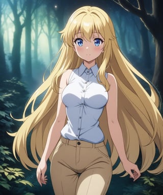 beautiful sexy blonde anime girl with long blonde hair & blue eyes, wearing white sleeveless button up collared shirt & beige khaki pants, in a enchanted forest in a dark night sky, 1girl