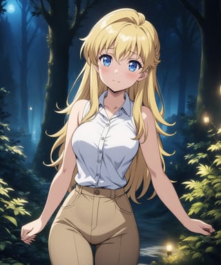 beautiful sexy blonde anime girl with long blonde hair & blue eyes, wearing white sleeveless button up collared shirt & beige khaki pants, in a enchanted forest in a dark night sky, 1girl
