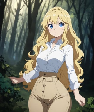 beautiful sexy blonde anime girl with long blonde hair & blue eyes, wearing white sleeveless button up collared shirt & beige khaki pants, in a enchanted forest in a dark night sky, 1girl