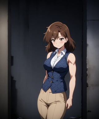 beautiful sexy anime girl with long brown hair & having a muscular body, wearing white sleeveless button up collared shirt with a blue quilted vest over it & beige khaki pants, in a abandoned urban dark alley in a dark night sky, 1girl