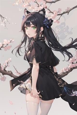 black hair, green eyes, animal ears, dress, black dress, thighhighs, chinese clothes, long hair, tiger ears, white thighhighs, twintails, cherry blossoms, short sleeves, china dress, halo, animal ear fluff, tiger girl, petals, blunt bangs