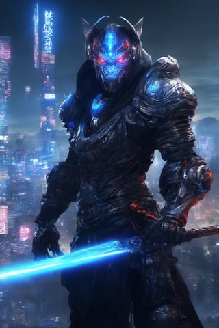 Monkey king Lunar Staff cyborg Power Nightcity Cyber Black Hood Mecha Evil robot,background,night city ,background,night city