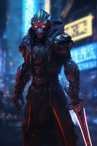 Monkey king Lunar Staff cyborg Power Nightcity Cyber Black Hood Mecha Evil robot,background,night city ,background,night city
