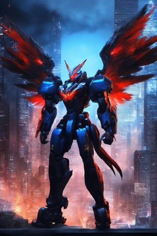 Mecha Cyborg 1Wing Garuda RedFlame BlueFlame Bird Cyber Black Hood Mecha Evil robot,background,night city