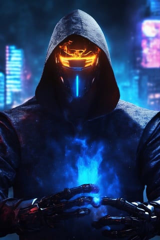 nft robot dark lighting hacker hood, cyber,night city,background fire gloves blueflame fire,background half face human and hacker robot