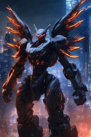 Mecha Cyborg 2Wing Garuda Fire Bird Cyber Black Hood Mecha Evil robot,background,night city