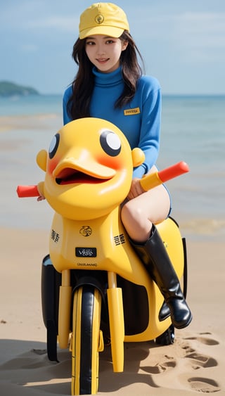 A Korean girl wearing a yellow construction hat, hair band, necklace, turtleneck sweater, underwear, windbreaker, bracelets and riding boots is playing with an inflatable yellow one-eyed duck on the beach!