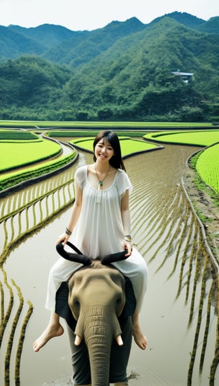 A Korean girl wearing a hair tie, necklace, suspender nightgown, bracelets and slippers is riding an elephant in the rice fields!