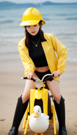 A Korean girl wearing a yellow construction hat, hair band, necklace, turtleneck sweater, underwear, windbreaker, bracelets and riding boots is playing with an inflatable yellow one-eyed duck on the beach!