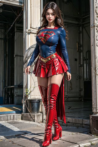 1girl, long black hair,supergirl,wearing Supergirl's blue tight uniform,perfect,red Boots higher than knees,Red miniskirt,Red long cape,full body,Bright colors,Bright red Boots, red miniskirt,Huge chest,Boots over the knee,Clothes are tied to skirts,Red miniskirt,Female model posen,Red over-the-knee pointed high-heeled boots,full body,running in the middle of the road,full body,tall girl,long boots,Red long cape,Boots longer than legs,Chinese supergirl,18years old,Don't show belly,Extremely long tip boots,red skirt,full body,supergirl's tight suit,Don't show knees,Knees wrapped in boots,strong girl,Pointy high-heeled boots,thin high heels,Uniforms and skirts are connectedUniforms and skirts are connected,Don't show your stomach,red skirt,full body,Extra long red boots,Golden Supergirl Belt,One-piece tight uniform
,Show the outline of the muscles,Red miniskirt and long cape,Boots must be over the knee,Integrated coats,Golden Supergirl Belt,Red miniskirt,Full of muscles,Tall and strong,Sexy,Full of muscle beauty,red dress,The skirt must be red.