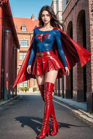 1girl, long black hair,supergirl,wearing Supergirl's blue tight uniform,perfect,red Boots higher than knees,Red miniskirt,Red long cape,full body,Bright colors,Bright red Boots, red miniskirt,Huge chest,Boots over the knee,Clothes are tied to skirts,Red miniskirt,Female model posen,Red over-the-knee pointed high-heeled boots,full body,running in the middle of the road,full body,tall girl,long boots,Red long cape,Boots longer than legs,Chinese supergirl,18years old,Don't show belly,Extremely long tip boots,red skirt,full body,supergirl's tight suit,Don't show knees,Knees wrapped in boots,strong girl,Pointy high-heeled boots,thin high heels,Uniforms and skirts are connectedUniforms and skirts are connected,Don't show your stomach,red skirt,full body,Extra long red boots,Golden Supergirl Belt,One-piece tight uniform
,Show the outline of the muscles,Red miniskirt and long cape,Boots must be over the knee,Integrated coats,Golden Supergirl Belt,Red miniskirt,Full of muscles,Tall and strong,Sexy,Full of muscle beauty,red dress,The skirt must be red.