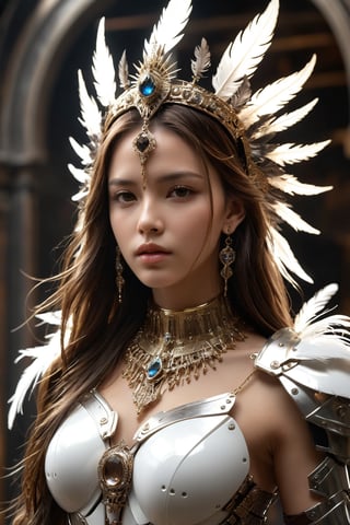 (ultra realistic,best quality),photorealistic,Extremely Realistic, in depth, cinematic light,HUBG_Mecha_Armor,

 (girl with long hair), a solitary girl adorned in intricate armor and jewelry, with long brown or black hair and piercing brown eyes. She wears elegant earrings and a necklace that glimmer in the light. Her lips are defined and expressive, adding to her allure. A headdress adorned with feathers and feather hair ornaments crowns her head, accentuating her regal presence. Each detail is rendered with realism, from the texture of her hair to the intricate design of her armor and accessories.

intricate background, realism,realistic,raw,analog,portrait,photorealistic,hubg_mecha_girl