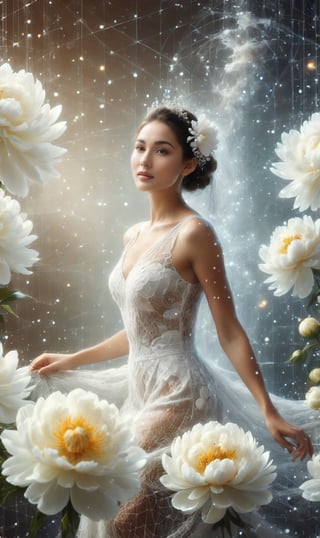 mesh digital Matrix,1 girl, brown hair, (stunning intricate shot of a beautiful happy bride is wearing white flower dress with big flowers,), giant white peony flower behind of bride,sharp focus,natural lighting,subsurface, Splash art, concept art, scattering,f2,35mm,film grain