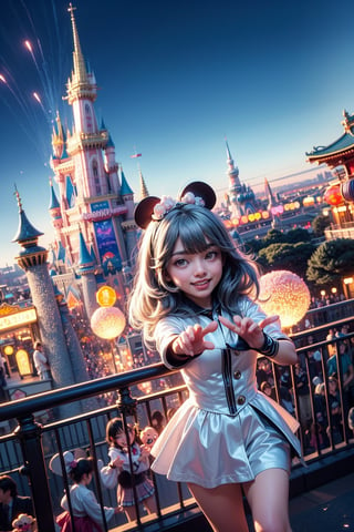 (best quality),(masterpiece:1.1),(extremely detailed CG unity wallpaper:1.1), (colorful cloth :1.3),(panorama shot:1.4),looking at viewer,from above,2 girls ,15yo, (Disney cosplay :1.4), (Disney land Tokyo background :1.4), adorable hair, fun, smile, flowers (innocent grey), 16K, UHD, HDR, rose, twilight, perfect shadow, (perfect fingers :1.4), perfect face, five fingers for each hand, (dynamic action pose :1.4), FANTASY ,beehive fireworks