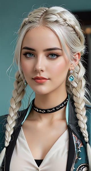 Generate hyper realistic image of a woman with long white hair, twin braids cascading down her shoulders. She gazes at the viewer with aqua eyes, a gentle smile gracing her lips. She wears a jacket and belt, her upper body slightly blurry against the indoor background. Adorned with earrings and a choker, she holds a cup, her head tilted inquisitively. Subtle black makeup and an ear piercing add to her unique charm.
