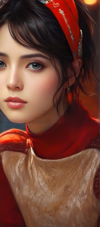 ((Top quality)), ((Masterpiece)), Portrait of girl with neat hairstyle, ((front,)) red turtleneck t-shirt, beautiful eyes, brown eyes, black short hair, intricate details, highly detailed eyes, small mouth, movie image, lit with soft light, perfect face,xeesoxee