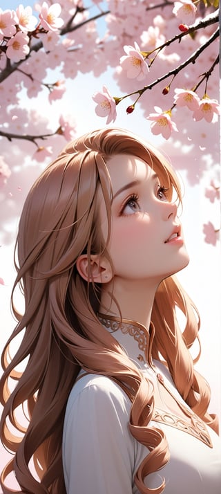 Woman with rose gold hair in tight ringlets, side view, looking up at falling cherry blossoms, a serene expression.