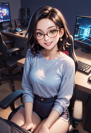 score_9, score_8_up, score_7_up, source_anime, looking at viewer, smile, 1girl, black hair, medium hair, brown eyes, glasses, shirt, shorts, sitting, indoors, gaming chair, desk, indoors, night, bedroom, dark room, screen light, monitor, keyboard (computer)