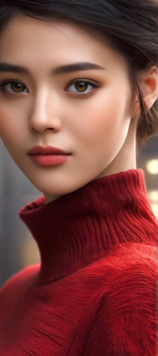 ((Top quality)), ((Masterpiece)), Portrait of girl with neat hairstyle, ((front,)) red turtleneck t-shirt, beautiful eyes, brown eyes, black short hair, intricate details, highly detailed eyes, small mouth, movie image, lit with soft light, perfect face,xeesoxee