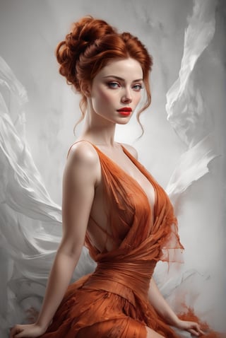 Fashion-Model-art-by-konstantin-razumov-by-alberto-seveso,Beautiful elegant pale woman with red auburn hair with long messy bun hair style exquisite and poetic beauty deep red lip and a elegant light orange dress with poetically beautiful style poetic black and white style background with poetic style