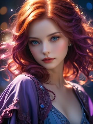 young beautiful girl, purple, pink and blue tones, (masterpiece, best quality, ultra detailed, best shadow), (detailed background, dark fantasy), (beautifully detailed face), high contrast, (best lighting, extremely delicate and beautiful), ((cinematic light)), colourful, hyper detail, dramatic light, intricate details, (1 girl, solo, red hair, sharp face, amber eyes, hair between eyes, dynamic angle), depth of field, light particles, (full body), full length

Translated with DeepL.com (free version)