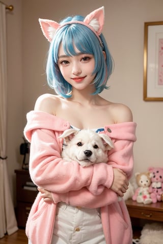 (best quality, masterpiece), 1girl, off shoulder,(softcolored hair:1.3), clutter girl's lovely room, hugging stuffed animal, fluffy hoodie with animal ears, 15 year old, smile, beaming face, FUJI